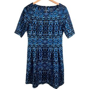 Gabby Skye Blue Black Abstract Geometric Fit & Flare Wash N Wear Dress 8 Woman's